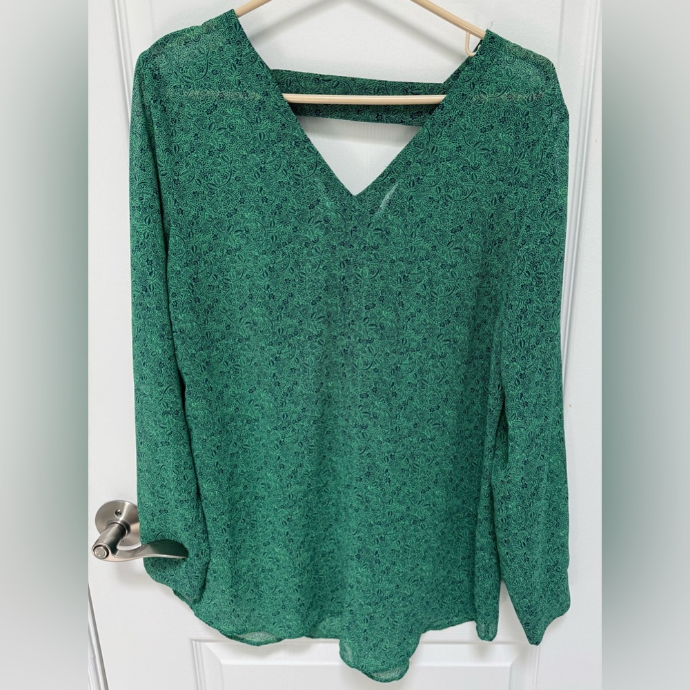 CAbi Green & Navy Long Sleeve Blouse, Size M, V neck with back cutout